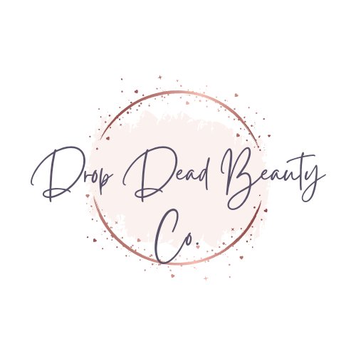 Drop Dead Beauty Co Logo with a brown circle and little hearts.